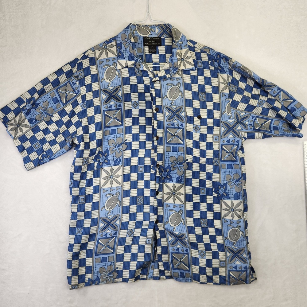 Silk Traders Hawaii Mens XL Blue Silk Sea Turtle Hibiscus Print Camp Shirt